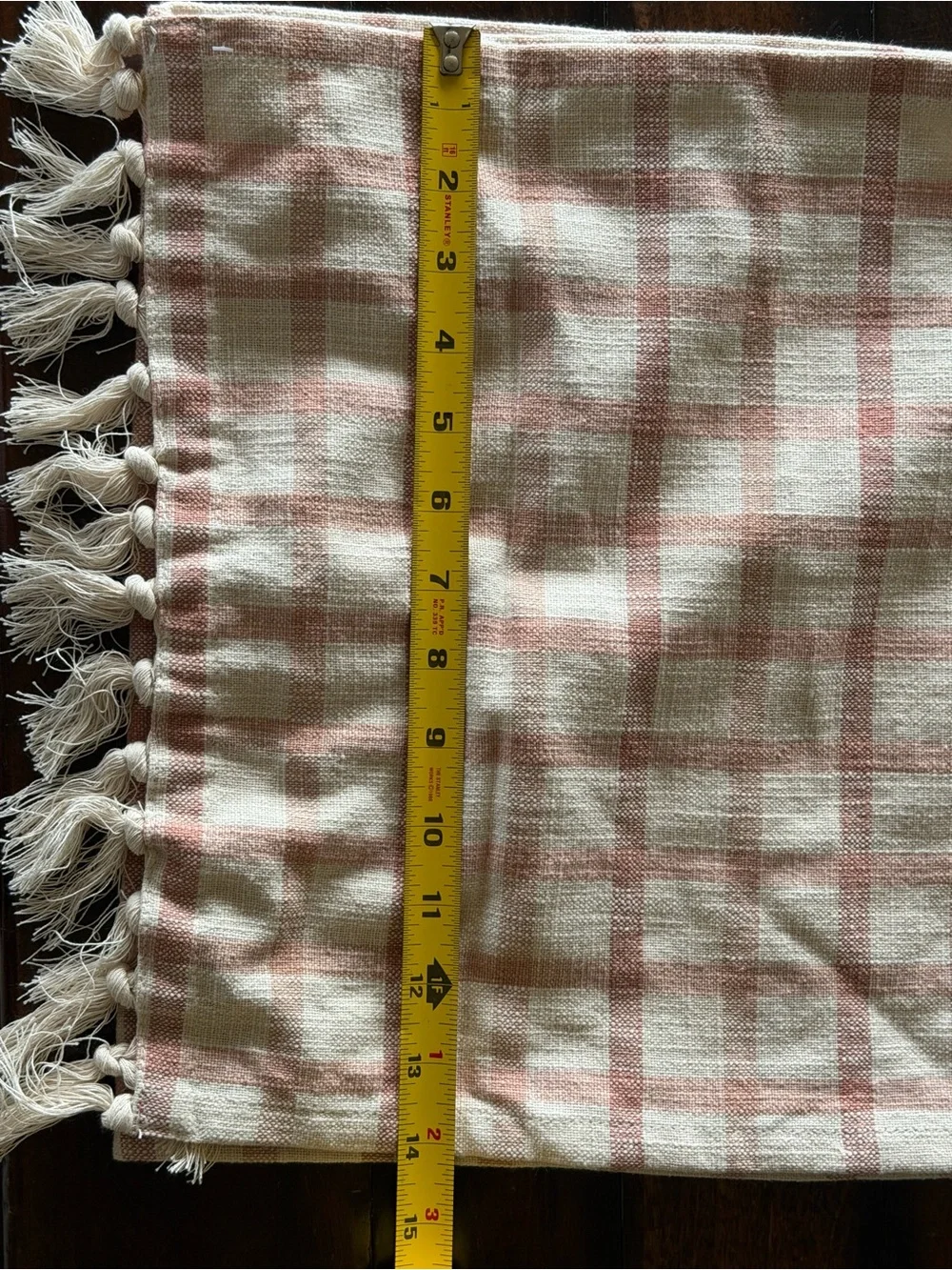 Threshold table runner.  Soft Pink Plaid with Tassels